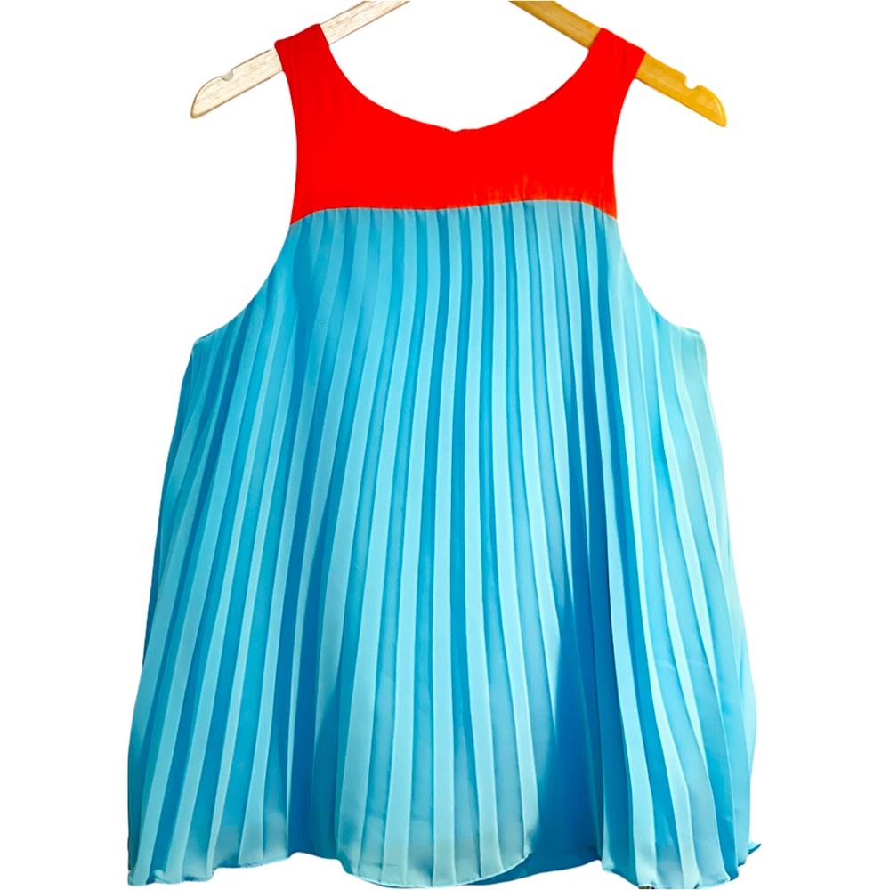 Nicole Miller Blue & Orange Pleated Sleeveless Blouse Size Medium